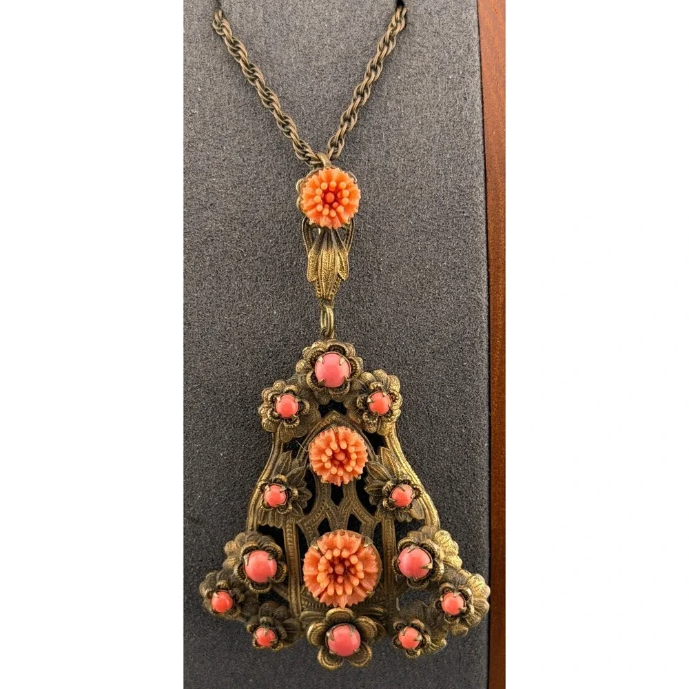 Vintage Czech Style Necklace Brass Filigree Pendant Orange Beads Carved Flowers